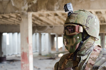 Soldier  action camera on helmet top 
