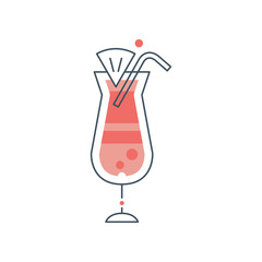 Glass of hurricane cocktail with drinking straw and slice of orange. Tropical alcoholic beverage. Flat vector icon with black outline and red fill color