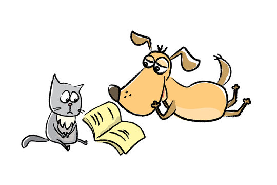 Funny dog and cat read book