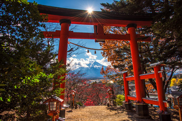 Red pole in path way up to Chureito pagoda fuji mountain viewpoint in Shimoyoshida, Japan