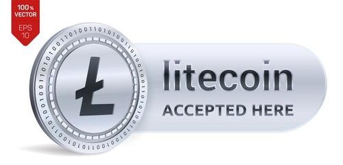 Litecoin accepted sign emblem. 3D isometric Physical coin with frame and text Accepted Here. Cryptocurrency. 