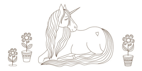 sleeping unicorn and flowers, coloring page © tatiana.kor_