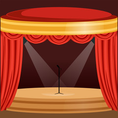 Theater or music concert scene with red curtain, lights and microphone stand in the center. Wooden stage with drapery and pelmets. Flat cartoon vector