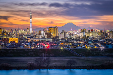 Tokyo city view and mt. Fuji after sunset
