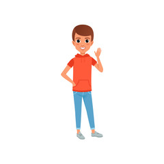 Cute boy character in stylish casual clothing hooded t-shirt with pocket and jeans. Kid posing with smiling face expression and waving hand. Cartoon flat vector
