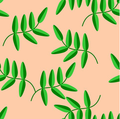 Seamless pattern vector of beautiful green leaves on light orange background.