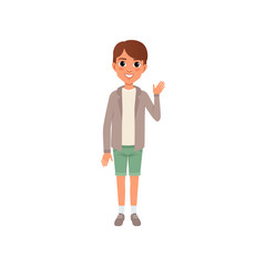 Boy with brown hair in stylish casual clothes jacket, t-shirt and shorts. Cartoon kid with smiling face expression standing and waving hand. Flat vector design