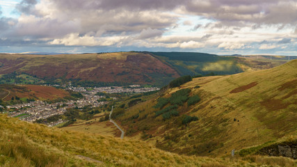 View from the A4107 road over Treorchy in Rhondda Cynon Taf, Mid Glamorgan, Wales, UK