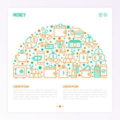 Money concept in half circle with thin line icons: cash, credit card, pos terminal, piggy bank, wallet, hand with coins, bag of gold. Modern vector illustration for banner, print media, web page.