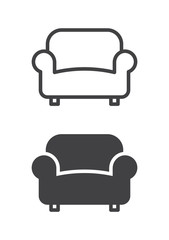 Sofa, couch icon, line and solid version, outline and filled vector sign, linear and full pictogram isolated on white. Furniture symbol, logo illustration. Pixel perfect vector graphics