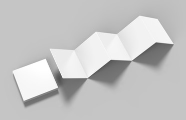 Fototapeta premium Kwadratowa broszura z akordeonem, dziesięciostronicowa ulotka, fałd harmonijkowy. pusty biały renderowania 3d ilustracji.