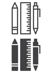 Pen, pencil and ruler icon, line and solid version, outline and filled vector sign, linear and full pictogram isolated on white. Stationery symbol, logo illustration. Pixel perfect vector graphics