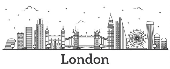 Naklejka premium Zarys Londyn Anglia City Skyline z nowoczesnymi budynkami na białym.