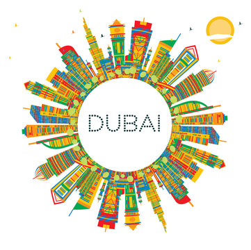 Dubai UAE City Skyline with Color Buildings and Copy Space.