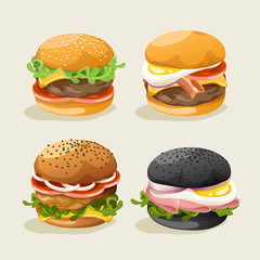 Set of Burgers : Burger with Ingredients : Vector Illustration - obrazy, fototapety, plakaty