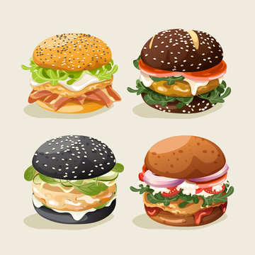 Set of Burgers : Burger with Ingredients : Vector Illustration