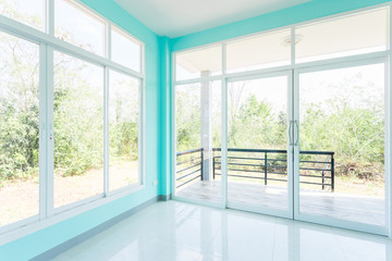 Construction Home Empty Room Blue color interior window white aluminum and Door wooden on wall