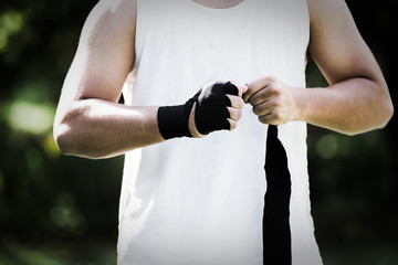 Asian young men thai boxing hand wraps for boxing, Boxing gloves