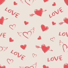 Fototapeta na wymiar Valentine's Day seamless pattern. Vector cute hand drawn hearts with angel wings and arrows. Vintage style. Seamless texture for wallpapers, pattern fills, cards, web page backgrounds.