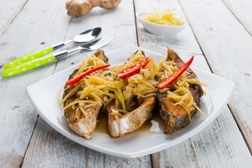 Deep fried fish with ginger and soy sauce