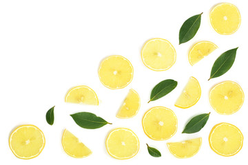 Slices lemon with leaves isolated on white background with copy space for your text. Flat lay, top view