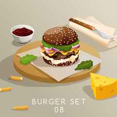 Lunch Set : Burgers and French Fries : Vector Illustration