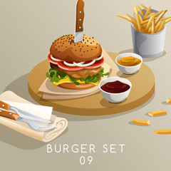 Lunch Set : Burgers and French Fries : Vector Illustration
