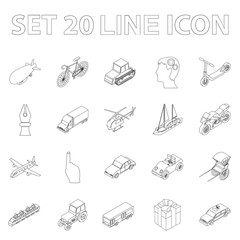 Different types of transport outline icons in set collection for design. Car and ship isometric vector symbol stock web illustration.