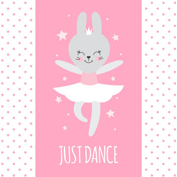Cute baby pattern with little bunny. Cartoon animal girl print vector. Princess ballerina rabbit dancing. Sweet pink background for kids t-shirt, bedroom pillow, nursery art, birthday party invite.