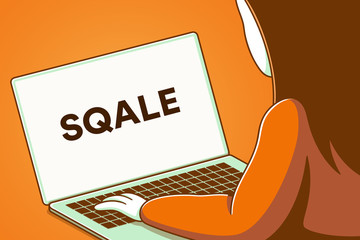 Woman looking at a laptop screen with the words sqale