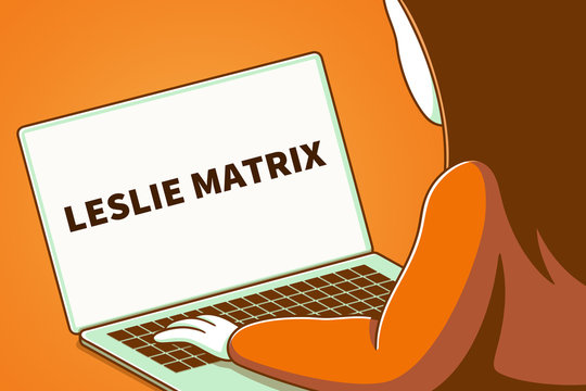 Woman looking at a laptop screen with the words leslie matrix