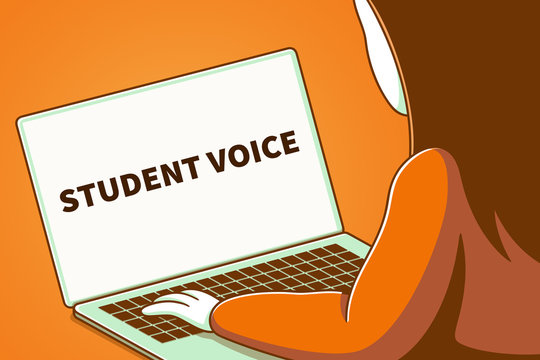 Woman looking at a laptop screen with the words student voice