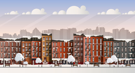 Vector Art Frozen City Scene. snow covered street in Brooklyn during a blizzard