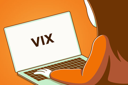 Woman looking at a laptop screen with the words vix