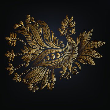 Golden ethnic bird ilosated on black background. Vector illustration. Design element.