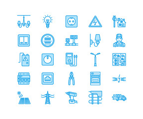 Electricity engineering vector flat line icons. Electrical equipment, power socket, torn wire, energy meter, lamp, multimeter Electrician services signs house repair illustration. Pixel perfect 64x64.