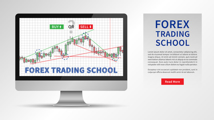 Forex Trading School vector illustration. Stock market strategies and online trading candlestick chart on desktop computer concept. Online forex trading education graphic design.