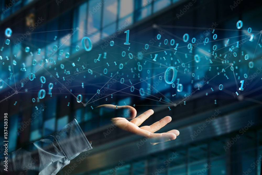 Poster network connection of data with 0 and 1 number - 3d render