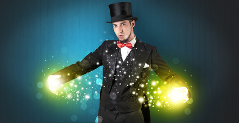 Illusionist holding superpower on his hand
