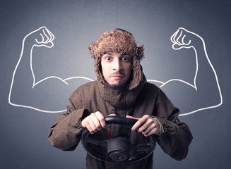 Man holding steering wheel