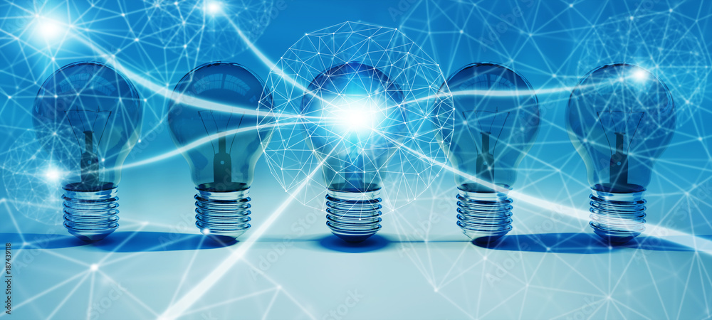 Poster Bright lightbulbs and connections lined up 3D rendering
