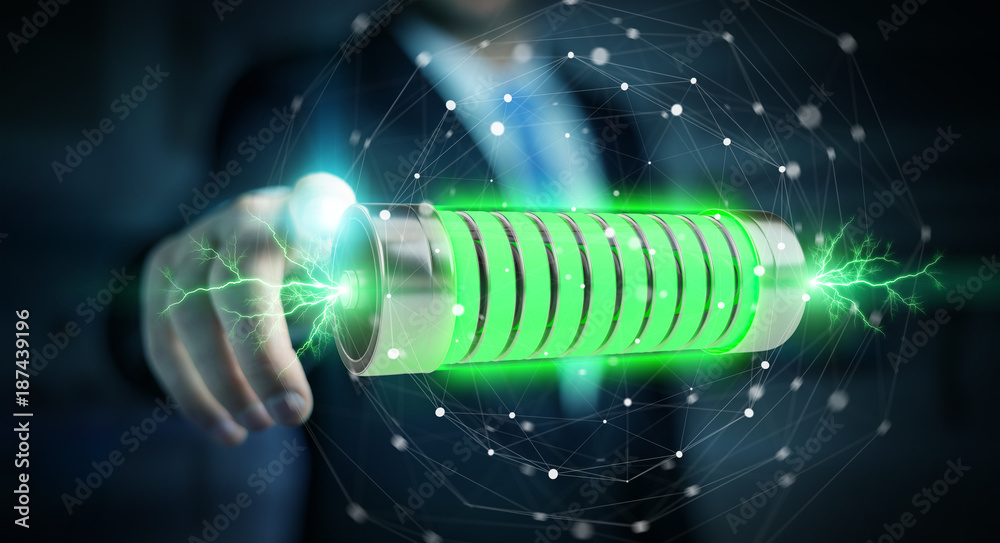 Aufkleber Businessman using green battery with lightnings 3D rendering