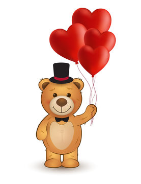 Funny cartoon teddy bear with heart balloons. Vector illustration gor Valentine's greeting card