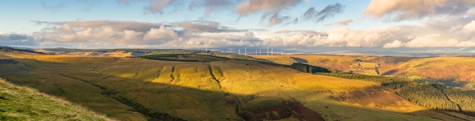 Wind turbines and clouds, Mynydd Tyle Goch in Rhondda Cynon Taf, Mid Glamorgan, Wales, UK