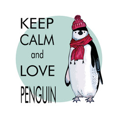 Hand drawn sketch of penguin on green circle with text