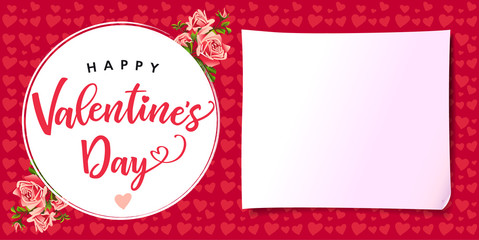 Happy Valentines day rose flower love banner. Greeting card template with text happy valentine`s day and rose flower on hearts background. Vector illustration