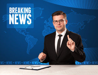 Television presenter in front telling breaking news with blue modern background