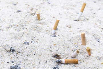 Tobacco cigarette butt on the beach sand.