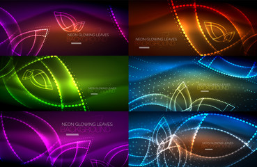 Set of neon leaves abstract backgrounds