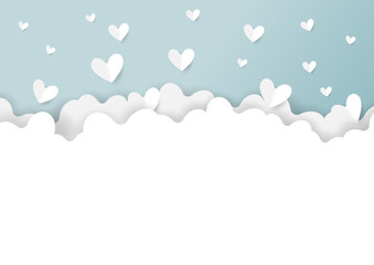 White clouds and cofetti paper hearts shape on blue background.Paper art style of valentine's day greeting card and love concept.Vector illustration.